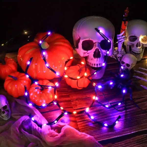 Luzes decorativas de ferro aranha de 1 unidade, alimentadas por bateria, luzes de corda de fadas para quarto, festa em casa, luzes de árvores de jardim, decorações de Halloween para jardim ao ar livre (laranja e roxo)