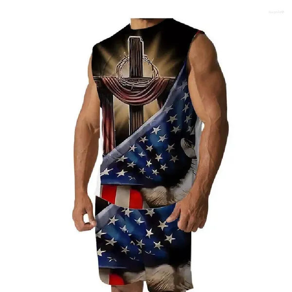 Fatos masculinos sem mangas camiseta top com shorts 4 de julho patriótico roupas esportivas bandeira dos estados unidos verão de duas peças