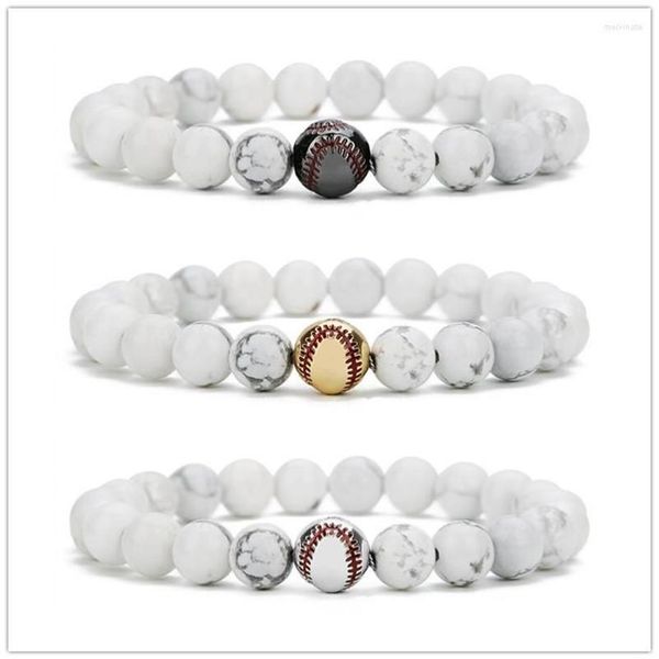 Strang 10 Stück Kupfer Baseball Weiß Howlith Stein Perlen Armband Buddha Sport Energie Reki Yoga Schmuck300T