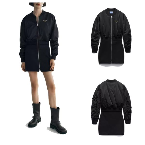 Prrra mais recente moda de luxo feminina sexy magro jaqueta bomber vestido curto estiramento colete casual manga longa saia camiseta