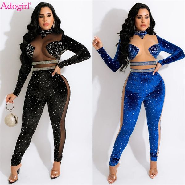 Damen Jumpsuits Strampler Adogirl Diamonds Sheer Mesh Patchwork Samt Overall Frauen Sexy Rollkragen Langarm Skinny Overalls Herbst Winter Club Strampler 231013