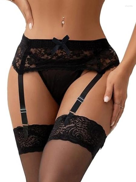 Meias femininas plus size floral renda liga cinto com meias altas malha suspender conjunto 4 tiras clipe de metal meia-calça pura