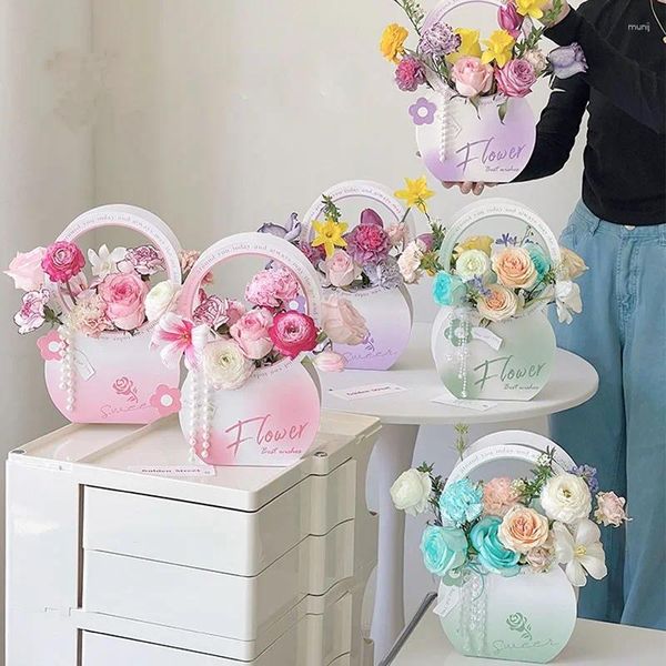 Confezione regalo Scatola per imballaggio di fiori portatile da 3 pezzi Borsa per composizione di bouquet con manico circolare integrato