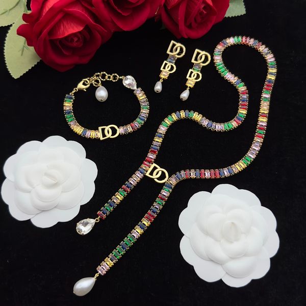 Colorato diamante pieno di perle ciondolo collana bracciale orecchini sensazione avanzata versatile INS maglia rossa catena hip hop catena maglione gioielli da sposa regalo DSN7 -20
