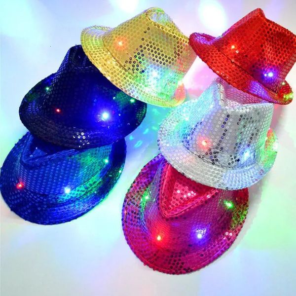 Cappelli a tesa larga Cappelli a secchiello LED lampeggiante Cappello da jazz Adulto unisex Hip Hop Spettacolo di danza Cappello da jazz Glow In The Dark Fedora luminoso Costumi Stage Halloween Props 231013