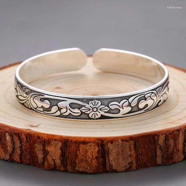 Bracciale aperto moda vintage colore argento fiore di loto polsino aperto per donne ragazze braccialetto foglia stile etnico regali gioielli per feste