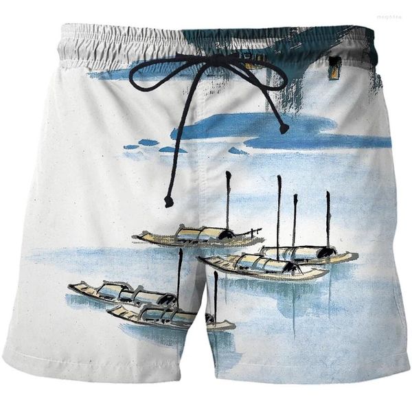 Erkek şort giyim 3d baskı desen Çin fırça boyama erkek plaj erkek yüzme gövdeleri sörf büyük boy kısa pantolon 2023