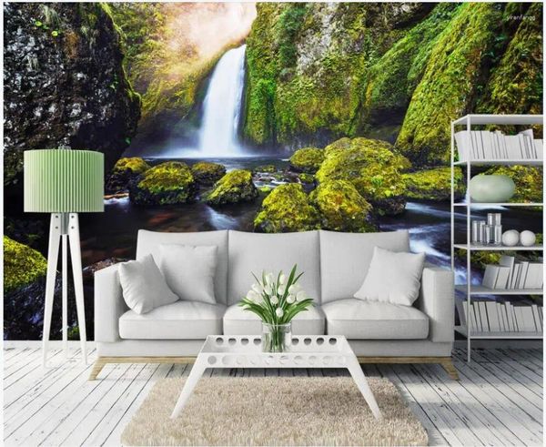 Wallpapers 3d papel de parede personalizado po mural gotejamento montanha primavera fresco verde bela paisagem decoração casa papel de parede para sala de estar