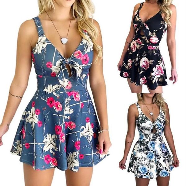 Feminino sexy playsuit sem mangas arco floral impressão cintura apertado macacão macio e leve tecido com decote em v jumpsuit238y