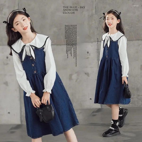 Vestidos da menina meninas 2023 outono colete terno vestido médio e grande crianças estilo coreano denim duas peças saia de princesa 7-14 anos de idade