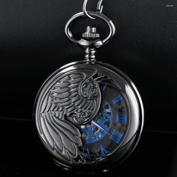 Relógios de bolso preto vintage esculpido esqueleto oco relógio mecânico masculino fob corrente aço águia escultura presente feminino