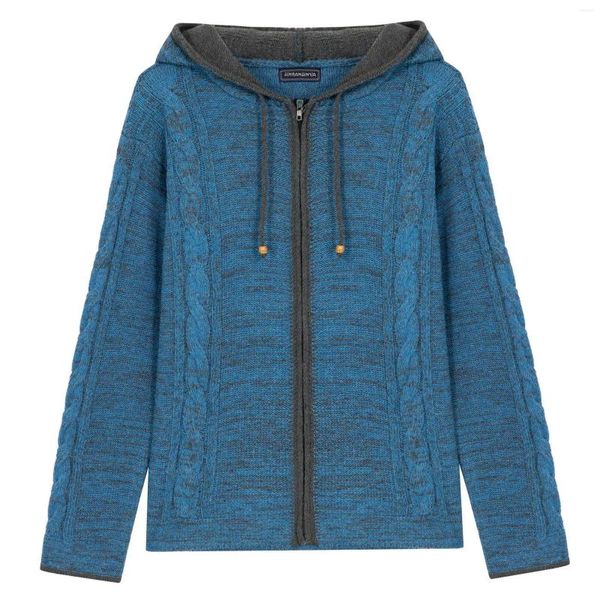 Maglioni da uomo Autunno e inverno Maglione retrò con cerniera Cardigan lavorato a maglia a maniche lunghe Giacca blu con cappuccio