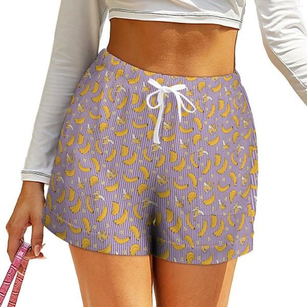 Shorts femininos banana listra cintura frutas impressão design com bolsos verão moderno oversize calças curtas estilo rua bottoms