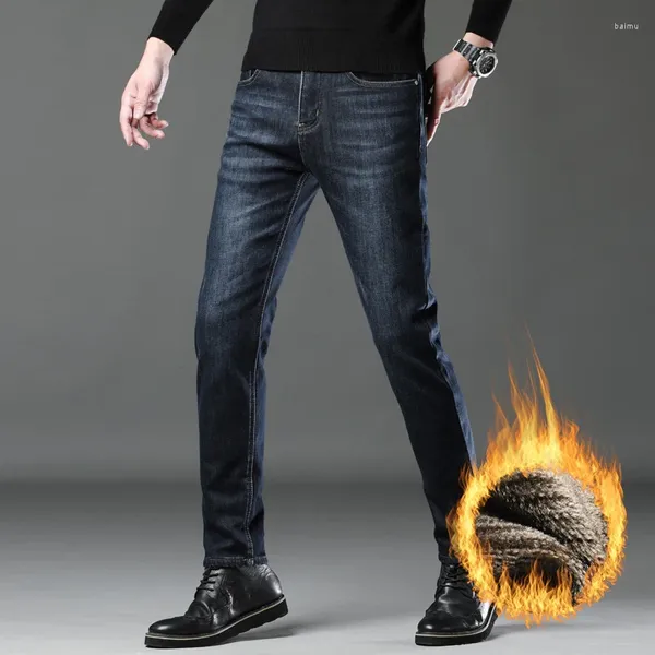 Jeans masculinos cumumen engrossado quente com veludo adicionado para outono e inverno estiramento reto solto casual calças de cintura alta cinto