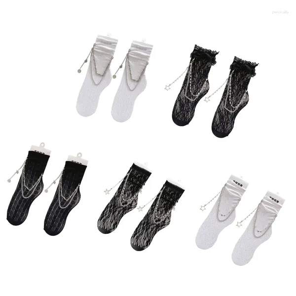 Frauen Socken 2023 Dark Gothic Punk Spitze Kalb Japanischen Harajuku Rüschen Rüschen Trim Bein Metall Kette Dekoration Cosplay