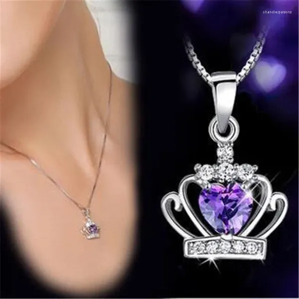 Colares de pingente moda clássico real roxo coroa forma colar com cristal mulheres prata cor jóias de casamento