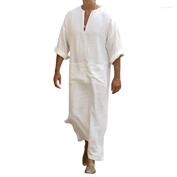 Ethnische Kleidung für Herren, V-Ausschnitt, Leinen-Robe, aufrollbar, kurzärmelig, solides langes Nachtkleid, lässiges lockeres Hemd, Kaftan, Thobe mit Tasche