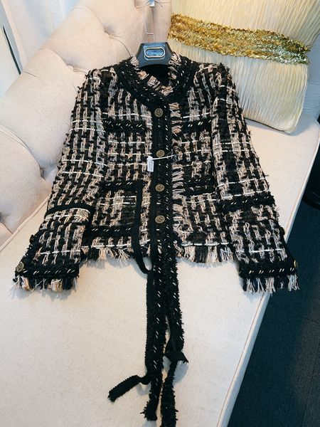 2023 outono preto xadrez painéis borla tweed jaqueta manga longa em torno do pescoço botões único breasted jaquetas casaco curto outwear a3o116570