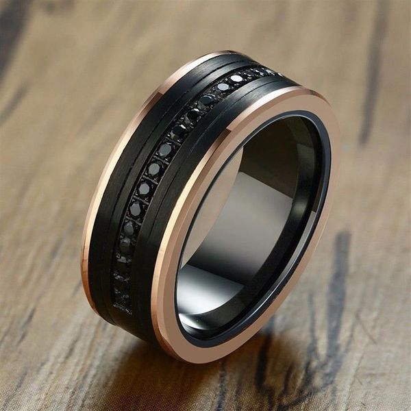 8 MM Wolframcarbid Herren Eternity Ringe Zweifarbig Luxus Schwarz CZ Stein Roségold Seite Ehering Herren Super Schmuck C18122801269Y