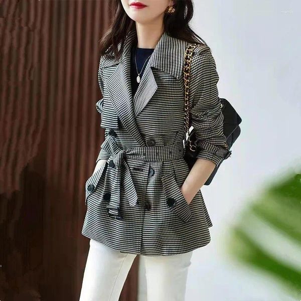 Kadın Ceketleri Kadın Trençkot 2023 Sonbahar Kore Moda Ekose Vintage Twoundstoth Zarif Günlük Dış Giyim Büyük Boy Ceket
