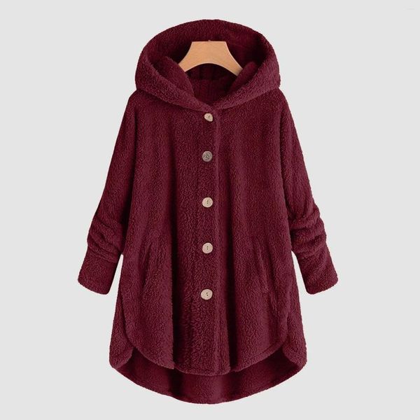 Felpe con cappuccio da donna Autunno Inverno Cappotto Donna Caldo Teddy Bear Plus Velluto con cappuccio Orlo irregolare Bottoni Giacca in pile solido Cappotti