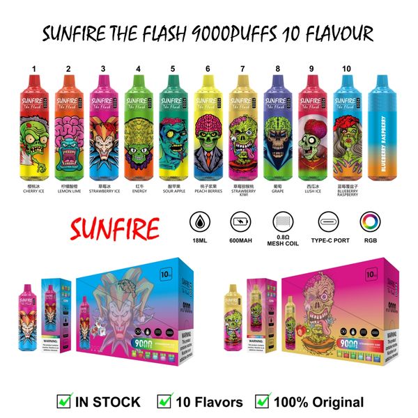 Оптовая высококачественная высокая качественная Sunfire 9000 Puff Orsospose Electronic Dry Vape Vape 18 мл 0 мг 20 мг 50 мг 600 мАч Вейпер