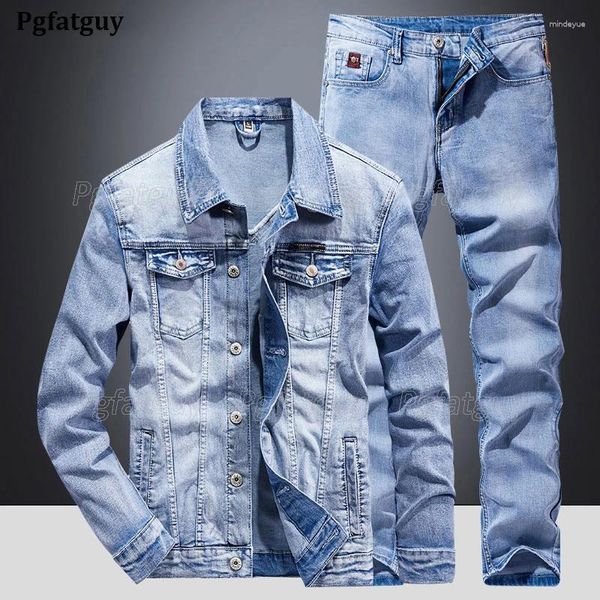 Fatos masculinos luz azul simples casual 2pcs conjuntos estiramento slim fit jaqueta de manga longa e jeans primavera outono bussiness diário denim terno