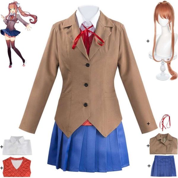 Cosplay Spiel Doki Literature Club Plus Monika Mon Ika Sayori Yuri Natsuki Cosplay Kostüm Perücke Anime Ddlc Schule JK Uniform anzug