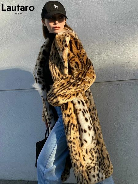 Женское меховое искусственное пальто Lautaro, зимнее длинное теплое толстое пушистое пальто с леопардовым принтом, женское пальто с тигровым принтом, взлетно-посадочная полоса, свободная роскошная дизайнерская одежда 231016