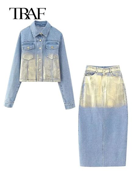 Giacche da donna TRAF Cappotto di jeans metallizzato da donna 2023 Giacca di jeans corta autunnale per cappotti con bottoni bomber a maniche lunghe 231016