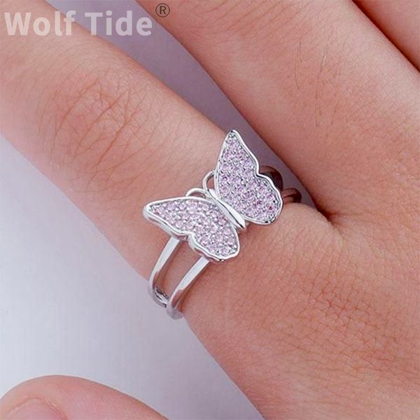 Nova moda borboleta feminina anel de punho aberto banhado a ouro branco Bling rosa zircônia cúbica completa CZ diamante anéis de dedo rapper joias bijuterias presentes para mulheres