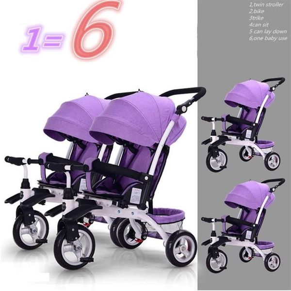 Twins Baby Side By Triciclo Passeggino per bici 3 in 1 Può sedersi e sdraiarsi Dividere il bambino Ride Sleep Trailer Passeggini # 215y