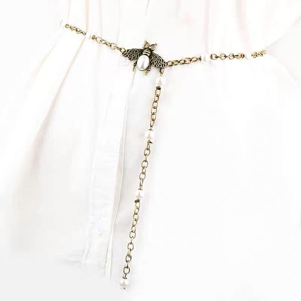 2024 Designer Chain Belts Bee Vintage Gold Pearl Chain Mulheres Carta Vestido Luxo Diamante Cintura Cobre Camadas Duplas Cinto Ajustável 01