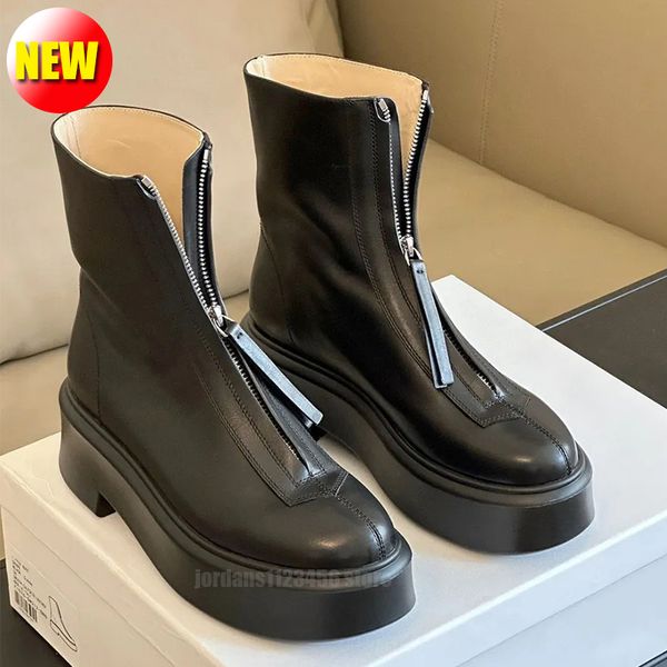 Luxus-Designer-Knöchel-Chelsea-Stiefel aus weißem Glattleder, Plateau-Reißverschluss, Slip-On, runde Zehenpartie, Blockabsatz, flache Keilabsätze, schwarze Stiefeletten, klobiger Stiefel