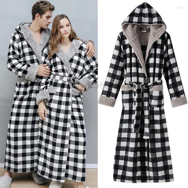 Pijamas femininos outono inverno casal camisola impressa xadrez com capuz flanela robe contraste sexy roupão masculino engrossado quente