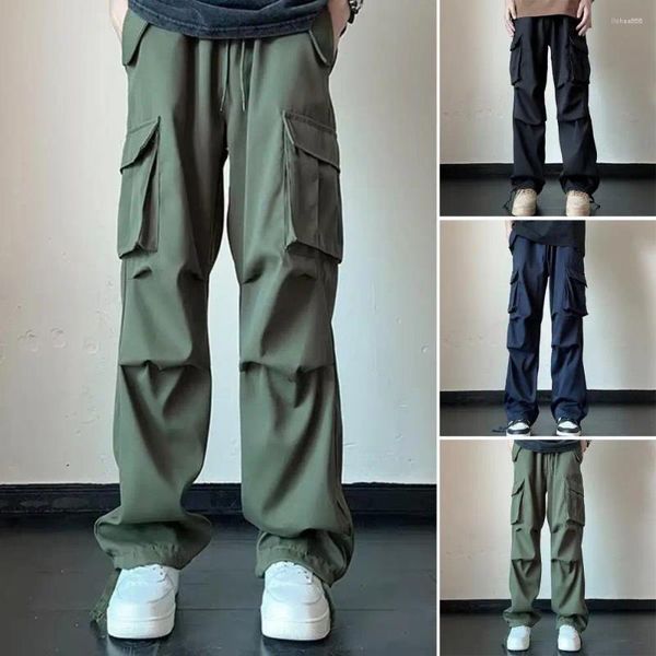 Männer Hosen Männer Einfarbig Casual Cargo Elastische Taille Kordelzug Gerade Breites Bein Multi Taschen Hip Hop Baggy Lange Hosen streetwe