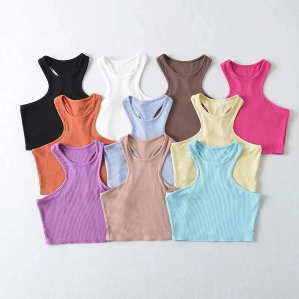 Tanques femininos Mulheres Coletes Verão Backless Crop Roupas Threaded Cor Sólida Umbigo Slim Fit Estilo Americano Tops Sexy Sem Mangas Camisetas