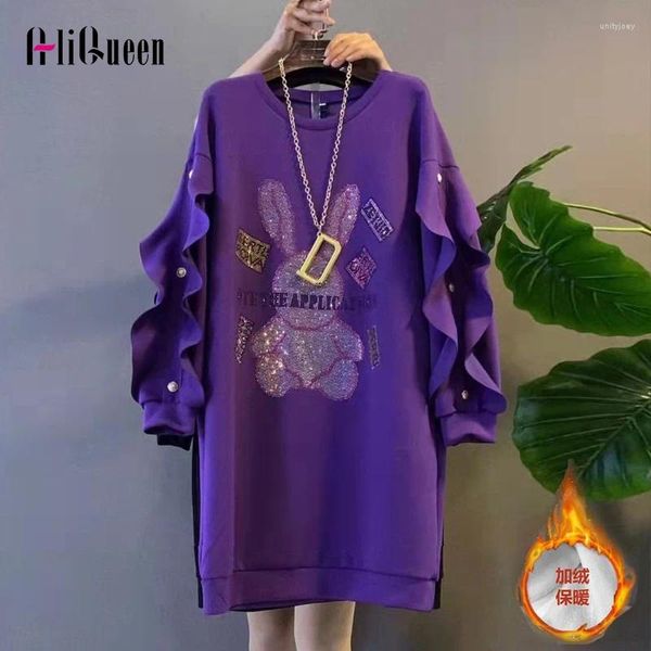 Vestidos casuais kawaii oversized quente grosso veludo hoodie vestido mulheres desenhos animados babados manga lantejoulas moletom outono inverno esportes