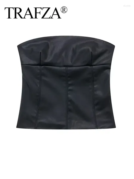 Serbatoi da donna TRAFZA Moda Elegante Donna Cerniera laterale Casual Slim Fit Top Donna Sexy Backless Bustier Nero PU Pelle senza spalline