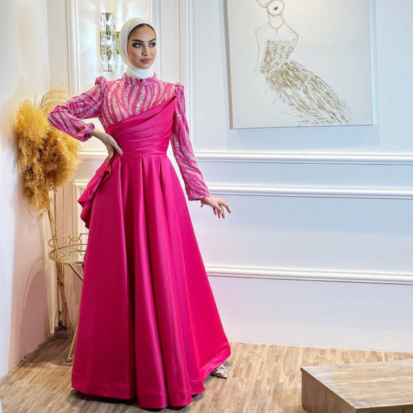 Fucsia musulmano A Line Abiti da ballo Collo alto Manica lunga Perline Arabo Dubai Abito da sera in raso Abenkeider Robe De Soiree 326 326