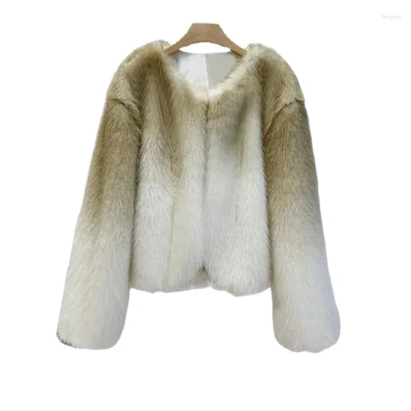 Pelliccia da donna ZXRYXGS Autunno Inverno 2023 Elegante temperamento Cappotto sintetico Colore sfumato Girocollo per abbigliamento