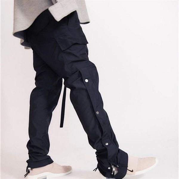 Männer Schwarz Nebel Straße Männer Side Snap Cargo Hosen Hip Hop Slim Fit Ribboned Bund Track224S