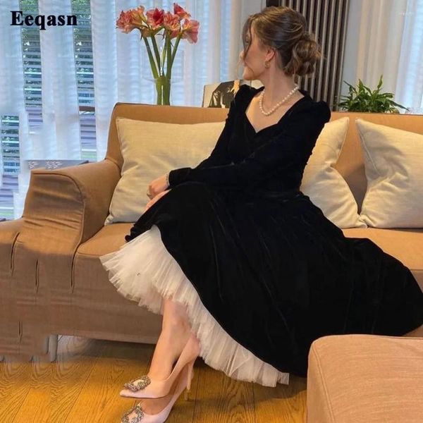 Vestidos de festa Eeqasn clássico preto veludo noite modesta mangas compridas pescoço quadrado branco tule tornozelo-comprimento mulheres vestidos formais de baile