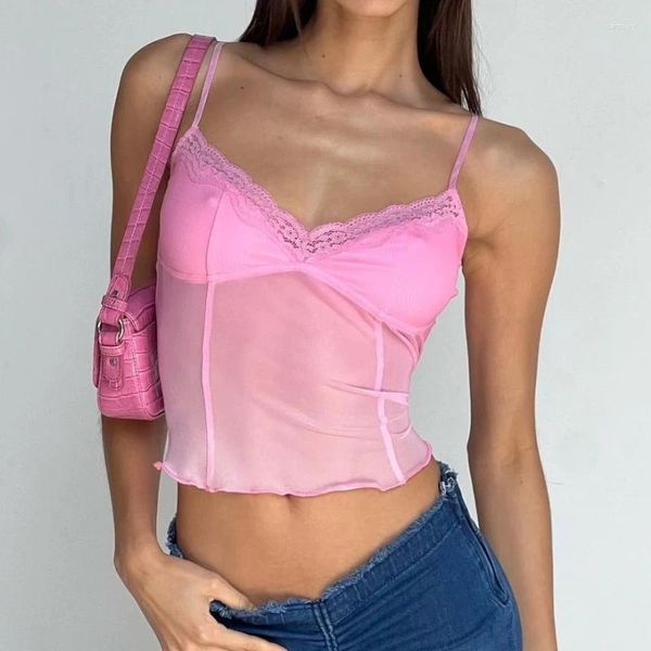 Tanques femininos Mulheres Y2K Sheer Malha Crop Tops Lace Trim V-Pescoço Spaghetti Strap Camisoles Cor Sólida Sling Tank Verão Slim Fit Vest