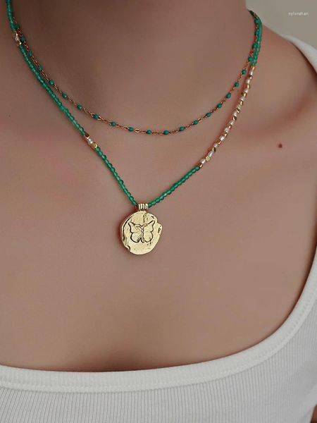 Halsketten mit Anhänger, afrikanische Jade, grün getäfelte Perle, Goldmünzen-Halskette, leichte Luxus-Nischen-Schlüsselbeinkette