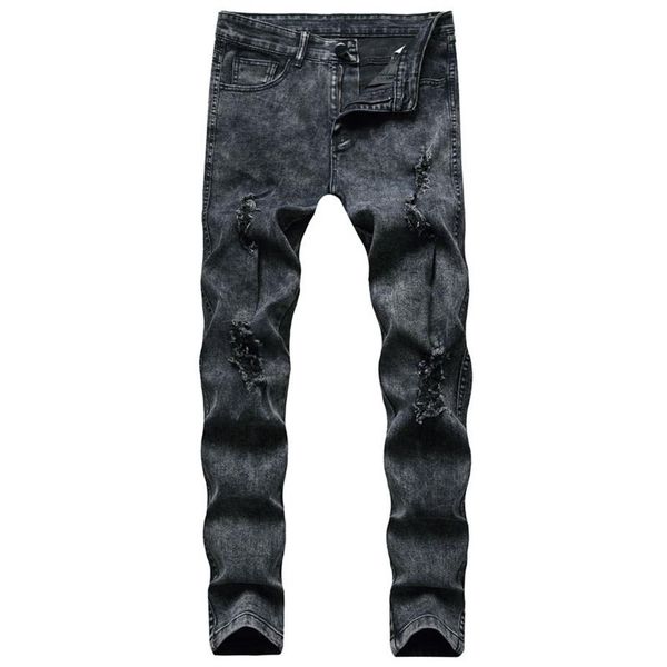 Jeans da uomo Street Style Jeans da motociclista da uomo con foro effetto consumato con cerniera Pantaloni da uomo casual in denim slim fit256J