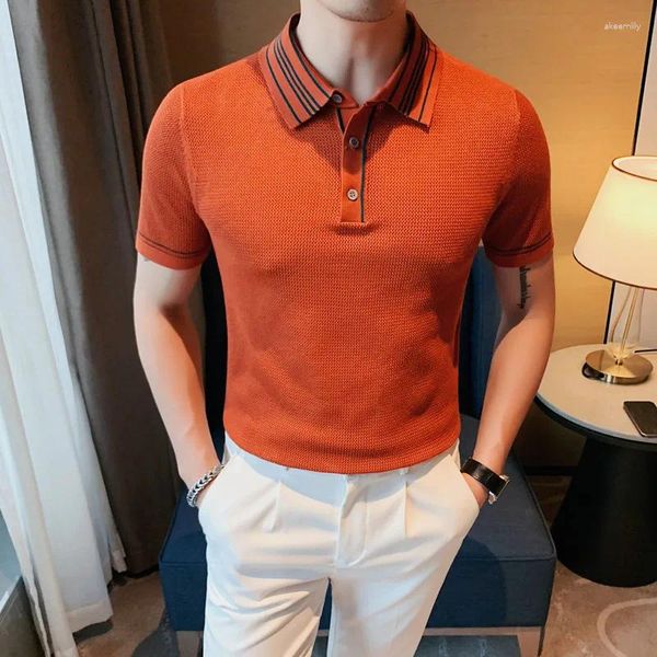 Polo da uomo 2023Polo estivo in maglia con colletto a righe a maniche corte in puro colore slim business casual marca streetwear