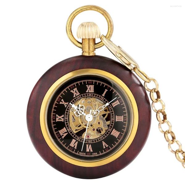 Relógios de bolso elegante caixa de relógio dourado em sândalo vermelho numeral romano mostrador preto enrolamento automático pingente mecânico presente