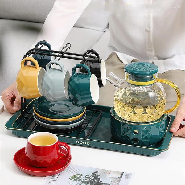 TeAware Setleri Seramik Kahve Seti Nordic Green Isıtmalı Pot Kupası Tepsisi Kupaları Tutucu Çiçek Çay Ev Mutfak Malzemeleri Öğleden