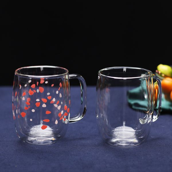 Copo de suco de vidro de camada dupla com alça, copo de vidro impresso com flores isolado e resistente ao calor, estilo nórdico